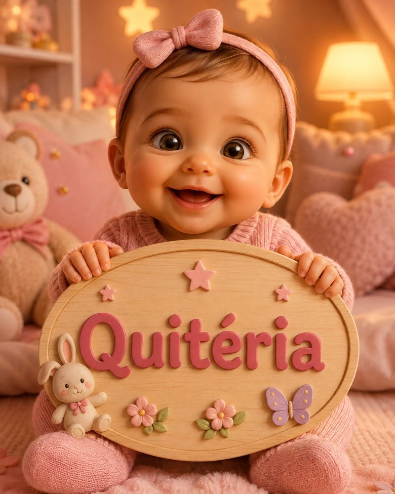 Ilustração de bebê segurando plaquinha com o nome Quitéria