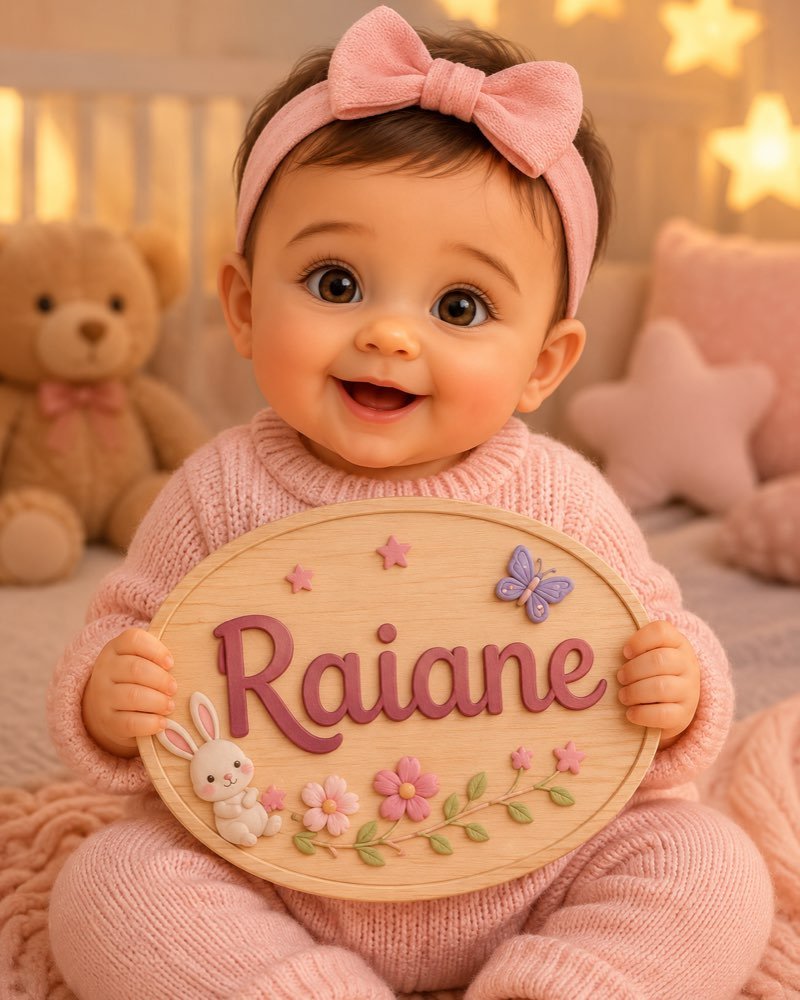 Ilustração de bebê segurando plaquinha com o nome Raiane