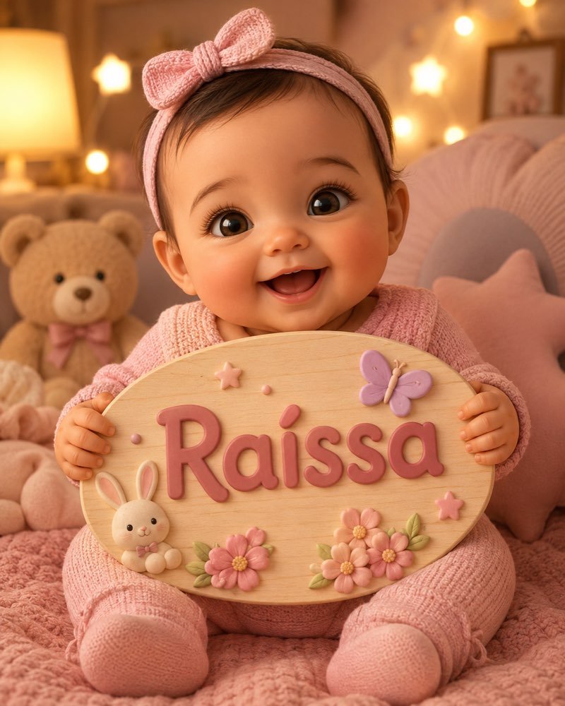 Ilustração de bebê segurando plaquinha com o nome Raíssa