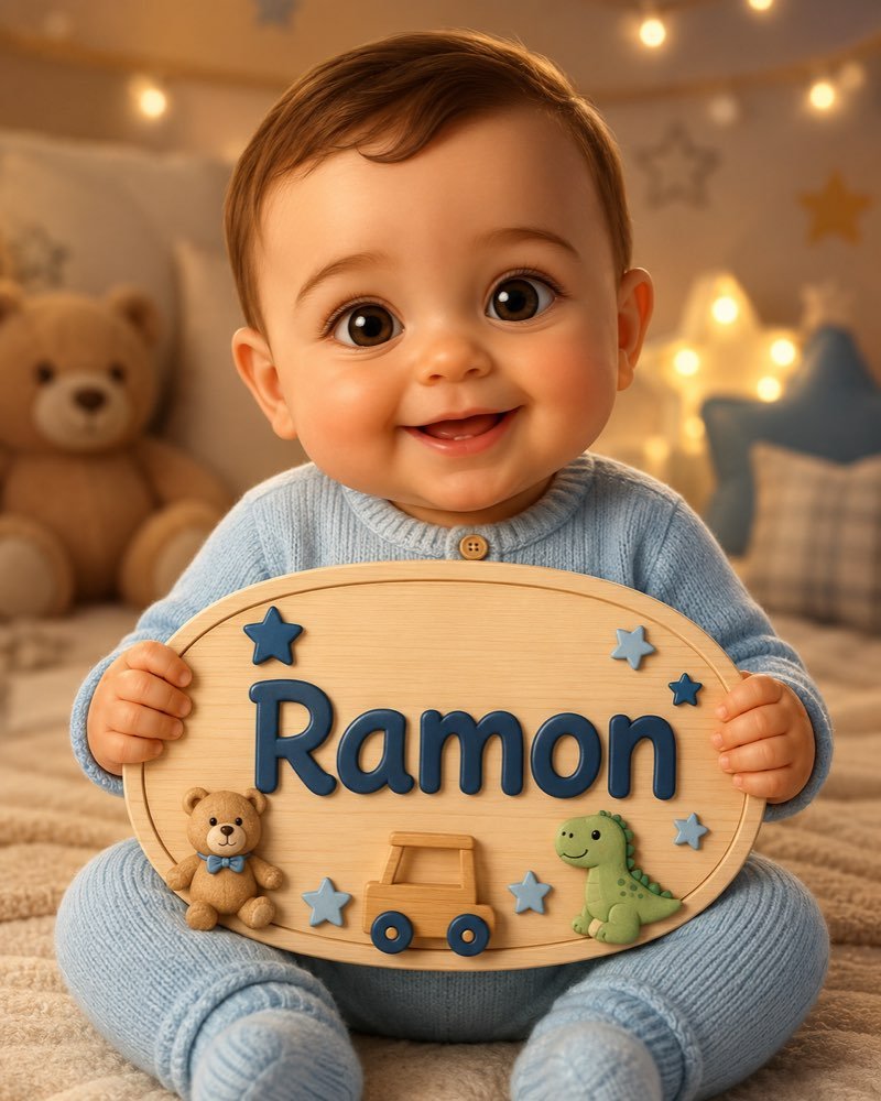 Ilustração de bebê segurando plaquinha com o nome Ramon