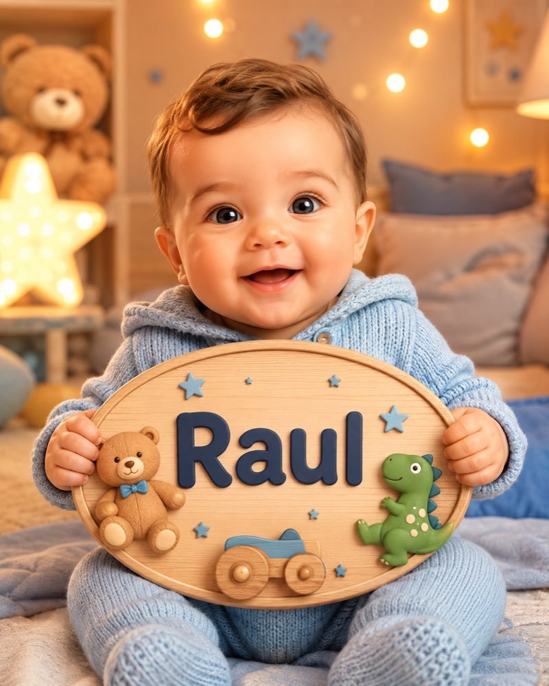 Ilustração de bebê segurando plaquinha com o nome Raul