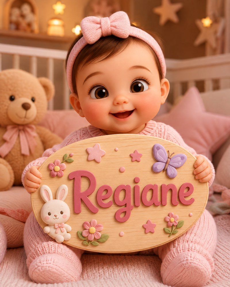 Ilustração de bebê segurando plaquinha com o nome Regiane