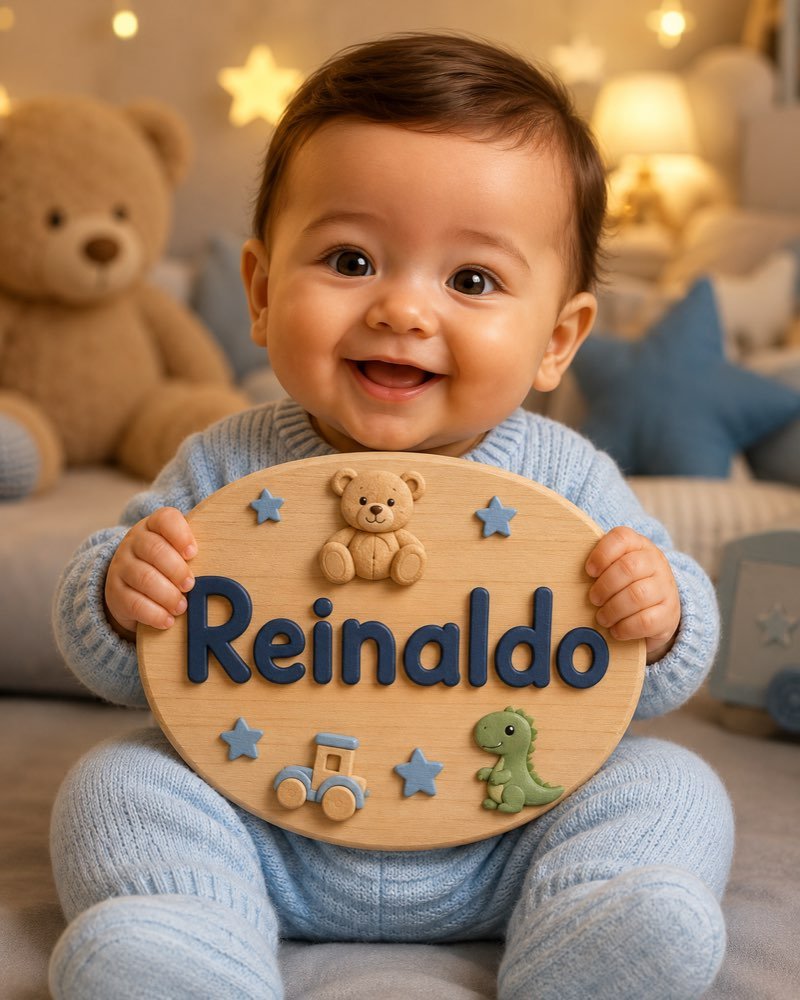 Ilustração de bebê segurando plaquinha com o nome Reinaldo