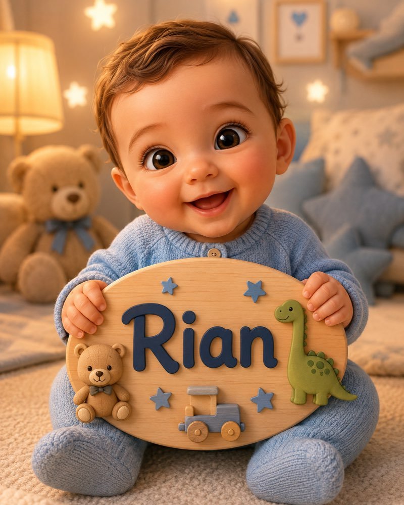 Ilustração de bebê segurando plaquinha com o nome Rian