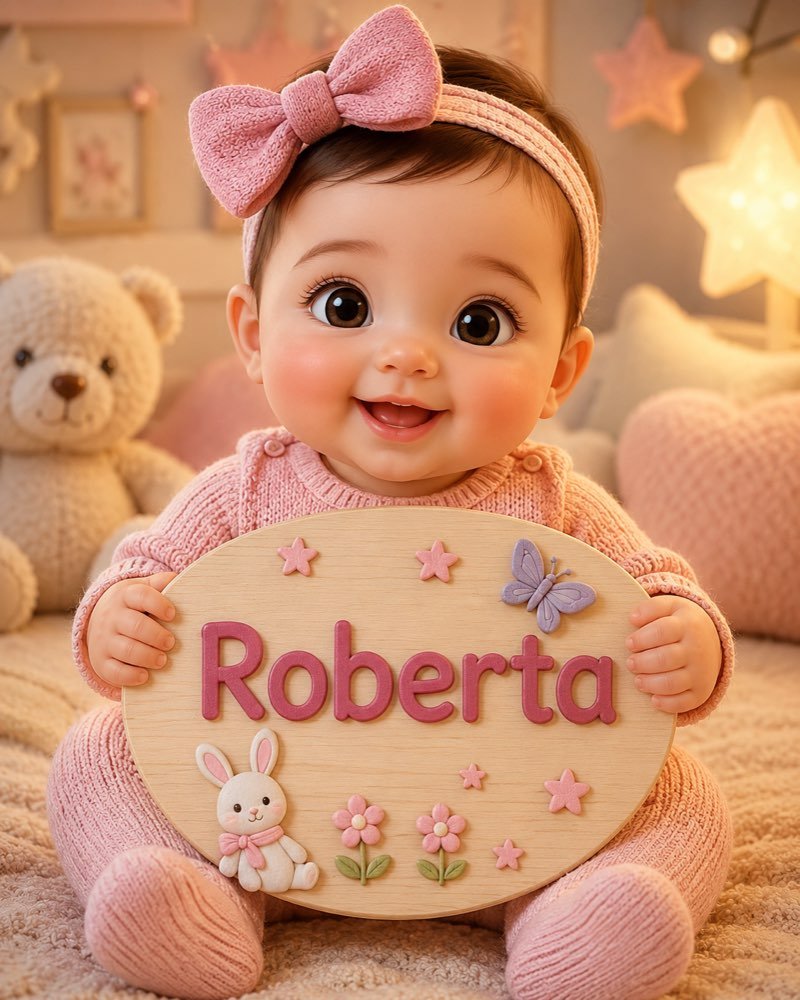 Ilustração de bebê segurando plaquinha com o nome Roberta