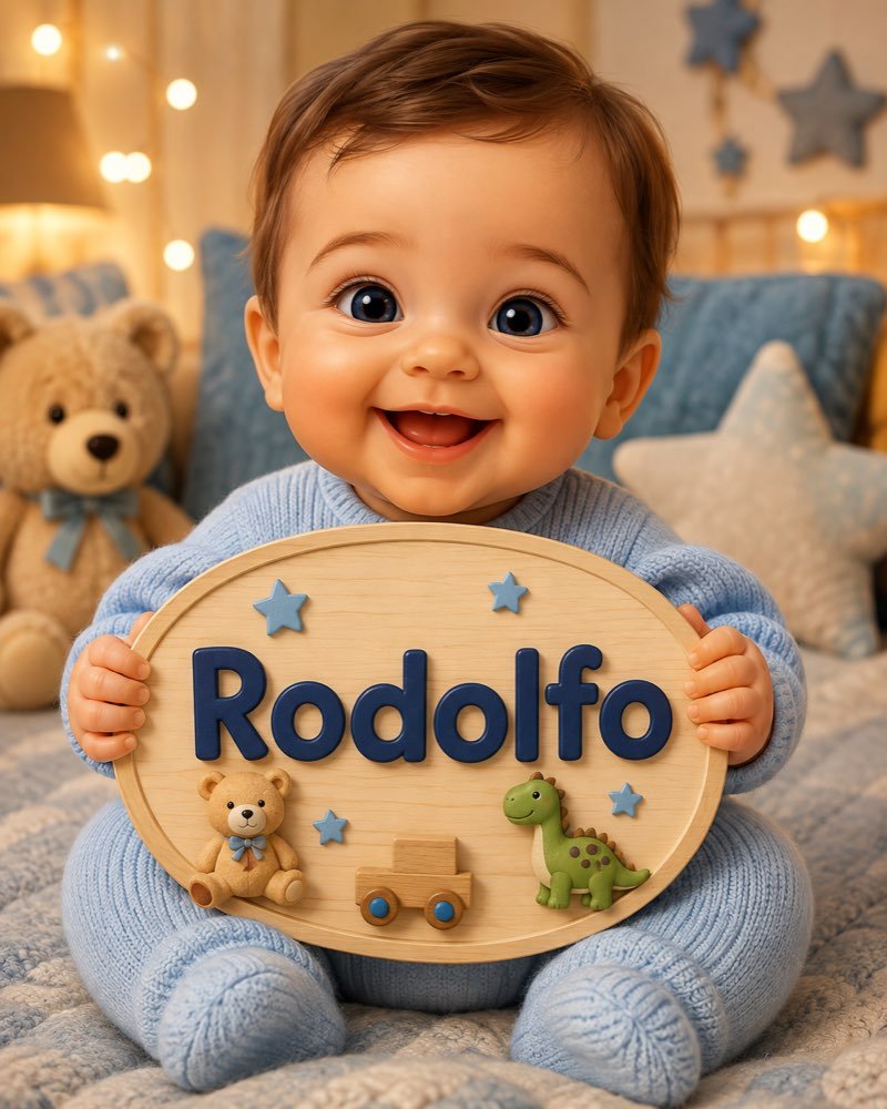 Ilustração de bebê segurando plaquinha com o nome Rodolfo