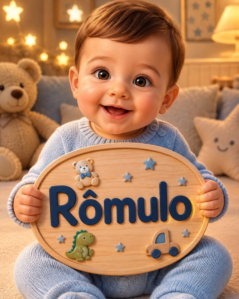 Ilustração de bebê segurando plaquinha com o nome Rômulo