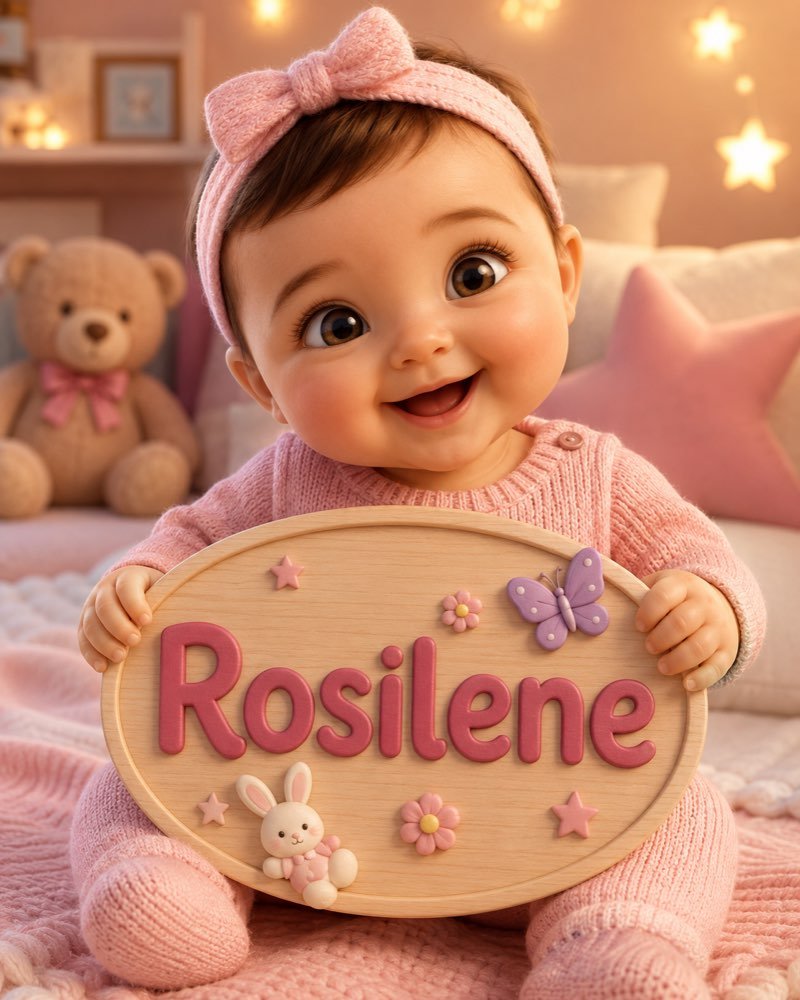 Ilustração de bebê segurando plaquinha com o nome Rosilene