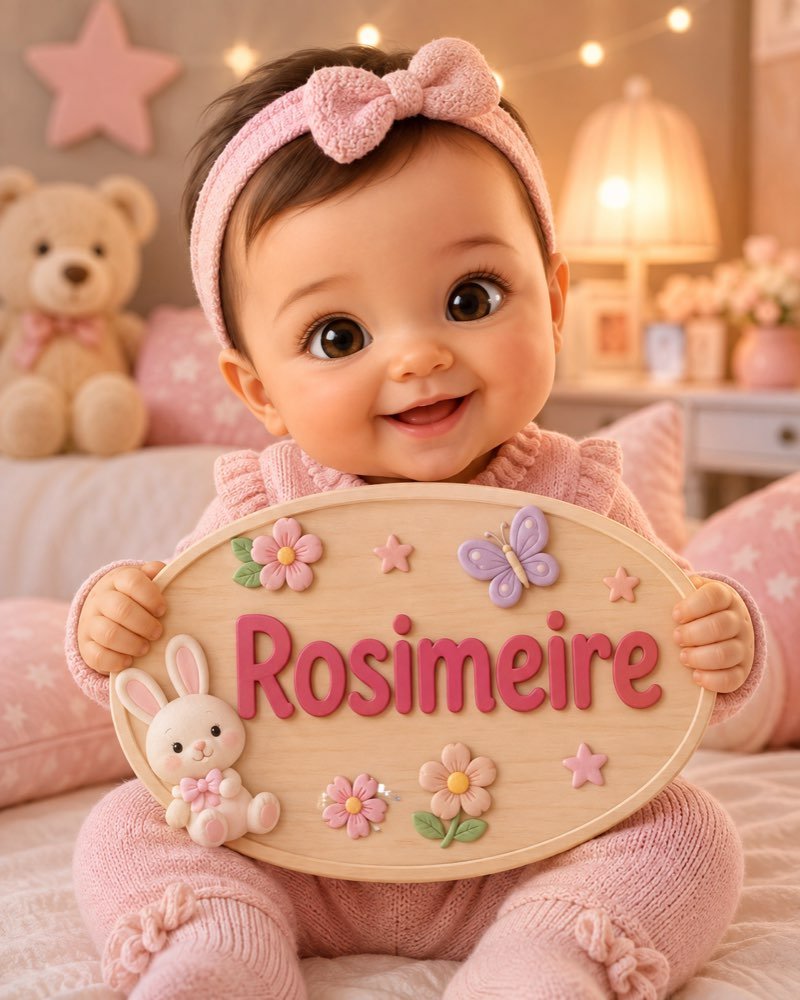 Ilustração de bebê segurando plaquinha com o nome Rosimeire