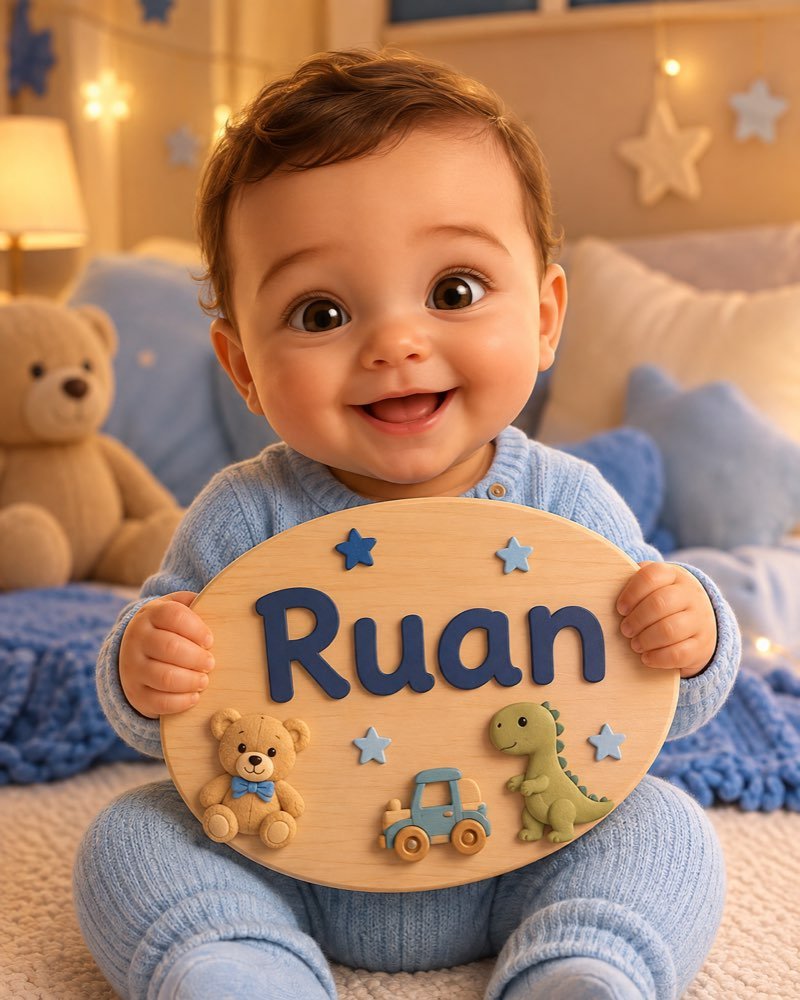 Ilustração de bebê segurando plaquinha com o nome Ruan