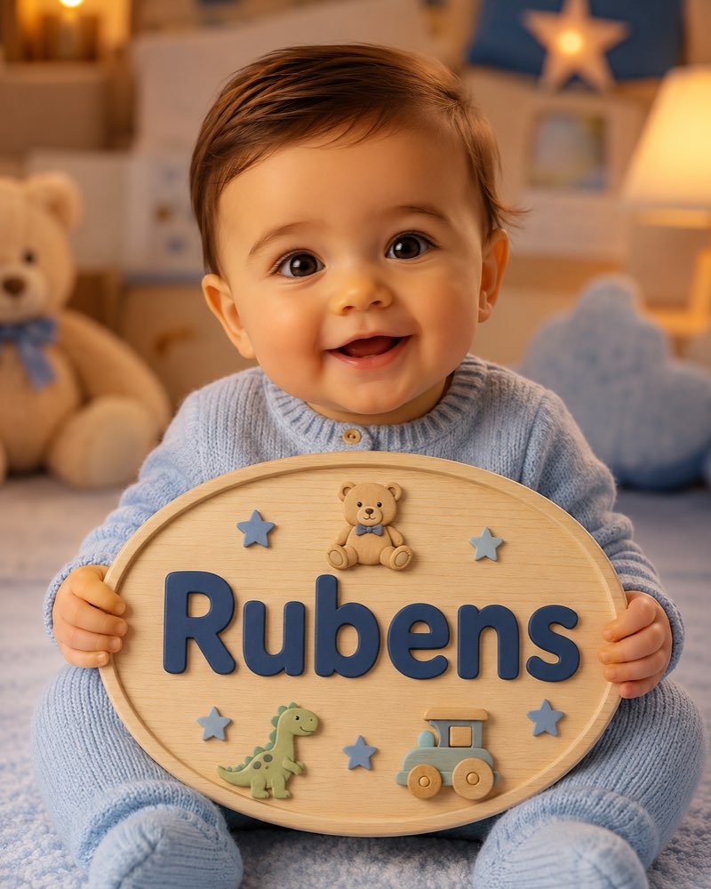 Ilustração de bebê segurando plaquinha com o nome Rubens