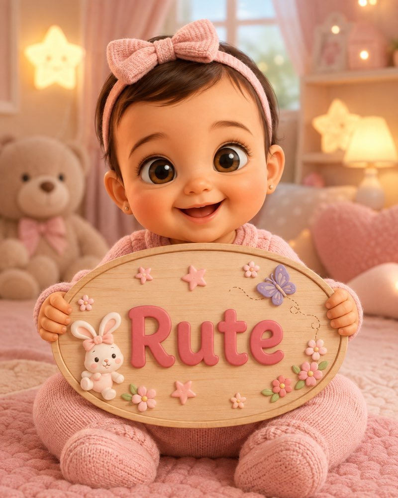 Ilustração de bebê segurando plaquinha com o nome Rute