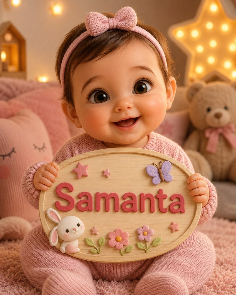 Ilustração de bebê segurando plaquinha com o nome Samanta