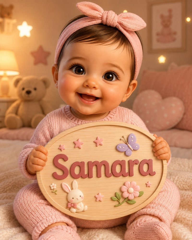 Ilustração de bebê segurando plaquinha com o nome Samara