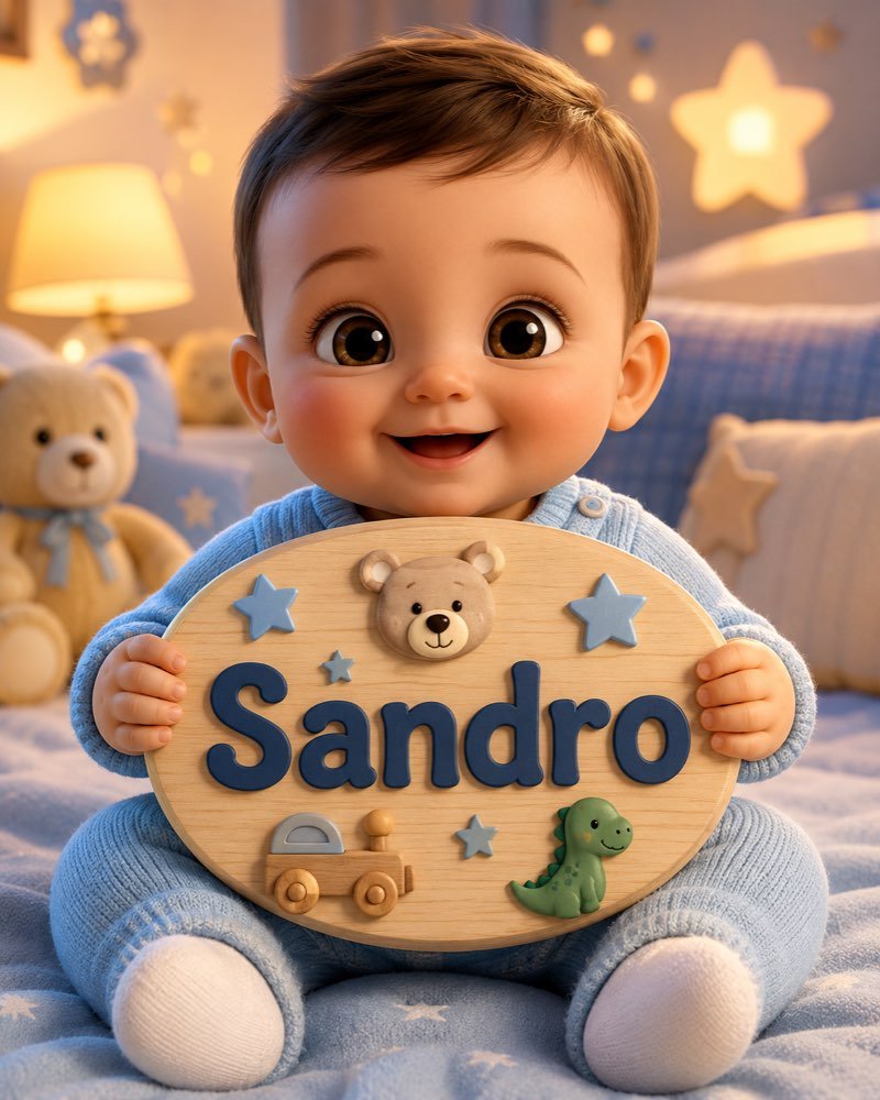 Ilustração de bebê segurando plaquinha com o nome Sandro