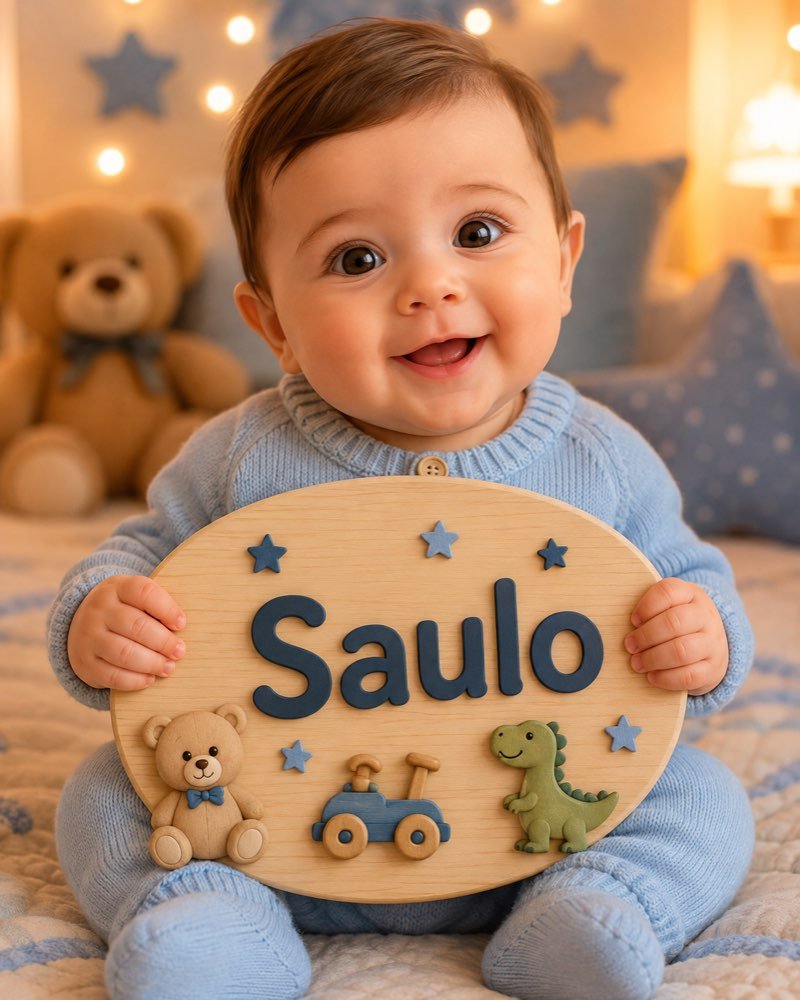 Ilustração de bebê segurando plaquinha com o nome Saulo