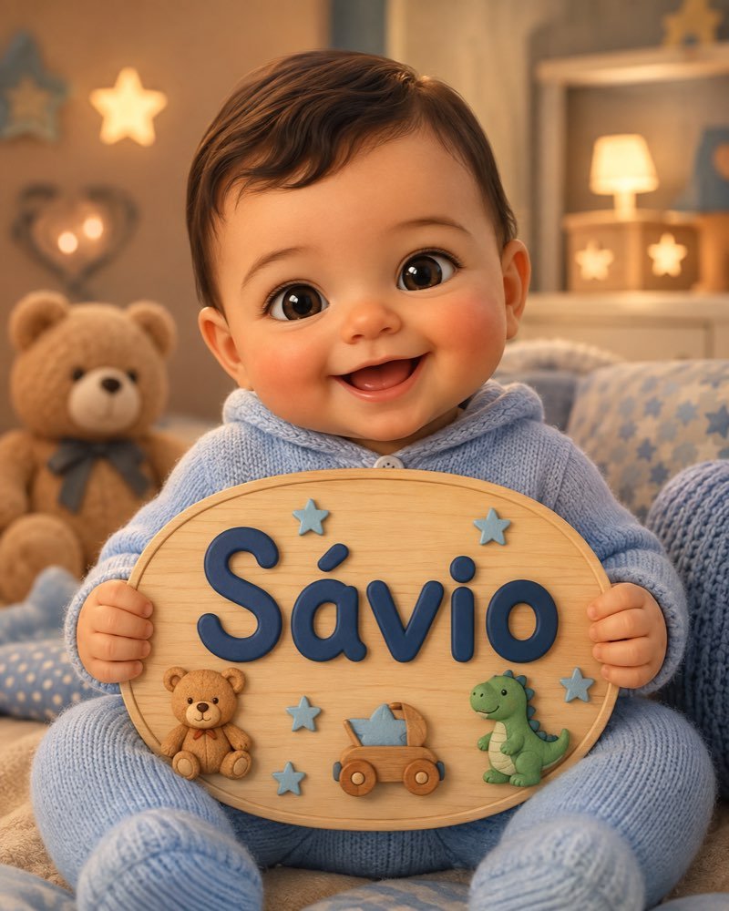 Ilustração de bebê segurando plaquinha com o nome Sávio