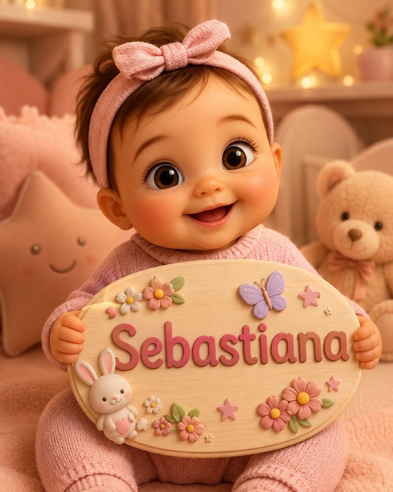 Ilustração de bebê segurando plaquinha com o nome Sebastiana