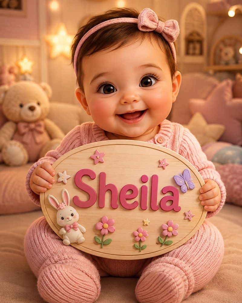 Ilustração de bebê segurando plaquinha com o nome Sheila