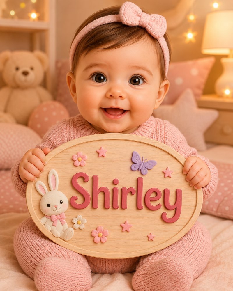 Ilustração de bebê segurando plaquinha com o nome Shirley