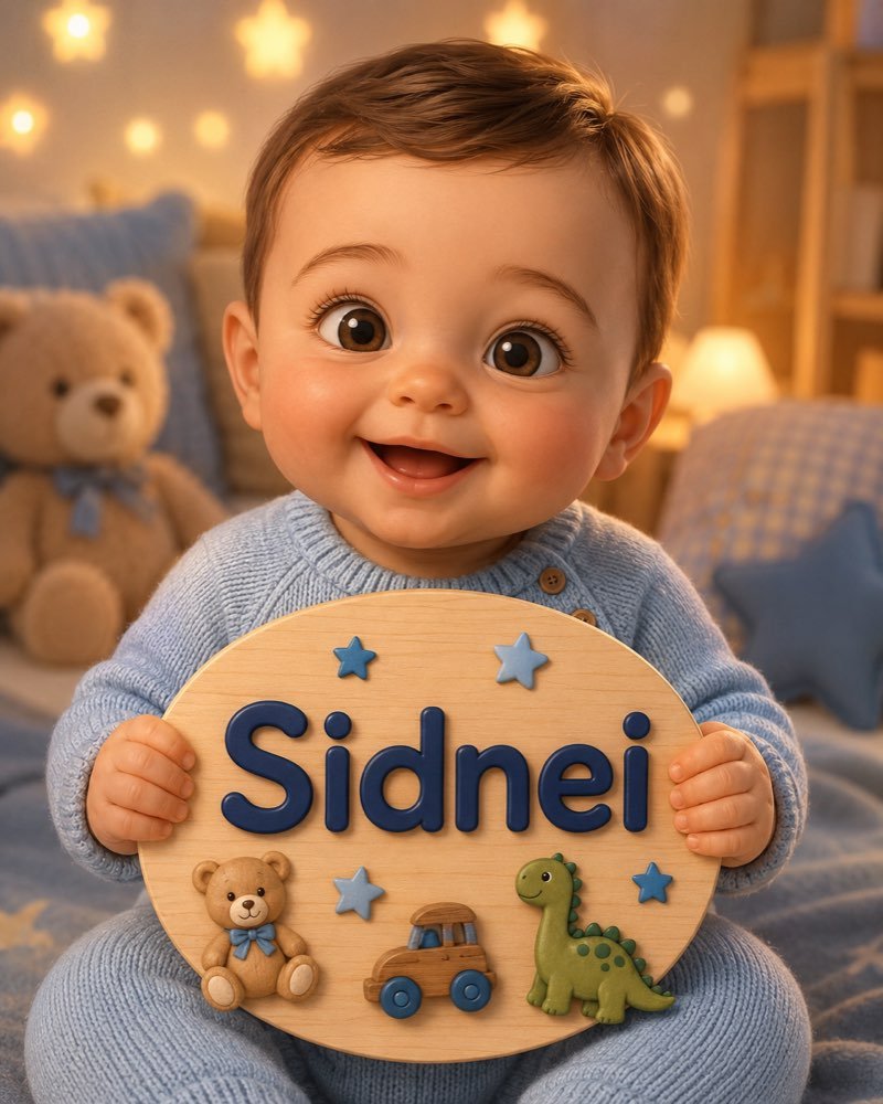 Ilustração de bebê segurando plaquinha com o nome Sidnei