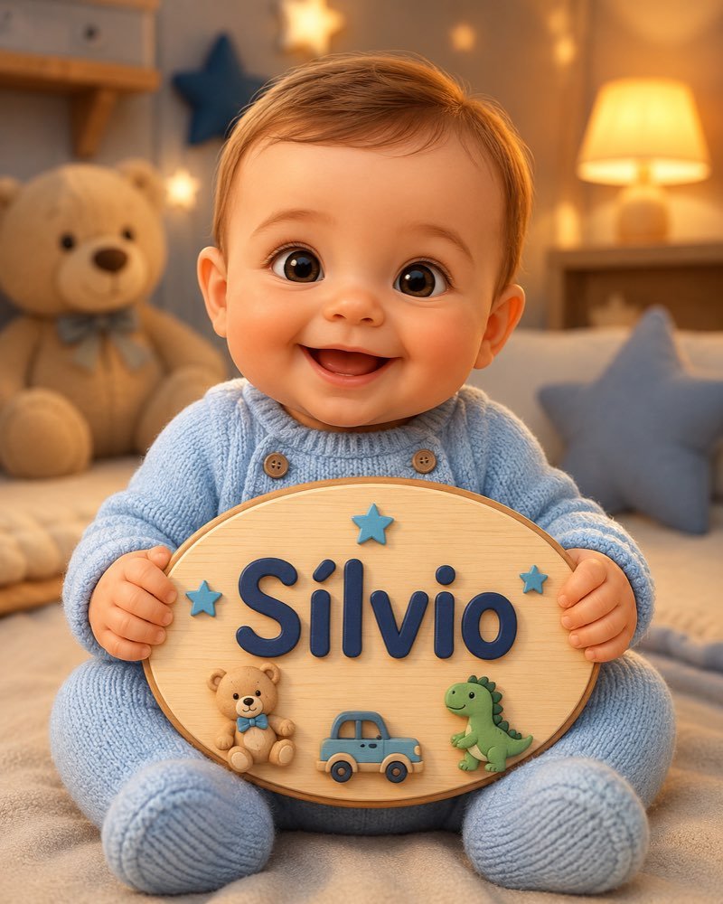 Ilustração de bebê segurando plaquinha com o nome Sílvio