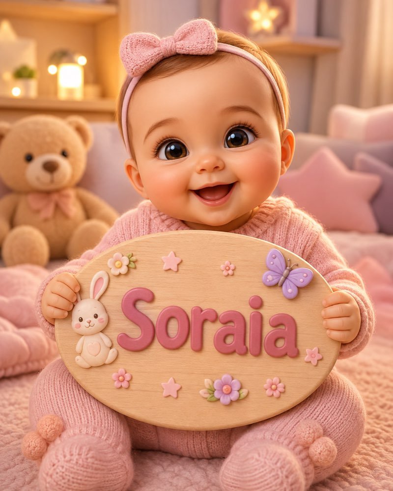 Ilustração de bebê segurando plaquinha com o nome Soraia