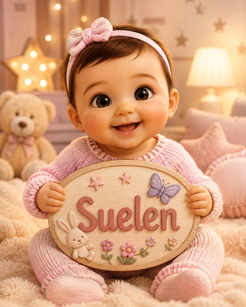 Ilustração de bebê segurando plaquinha com o nome Suelen