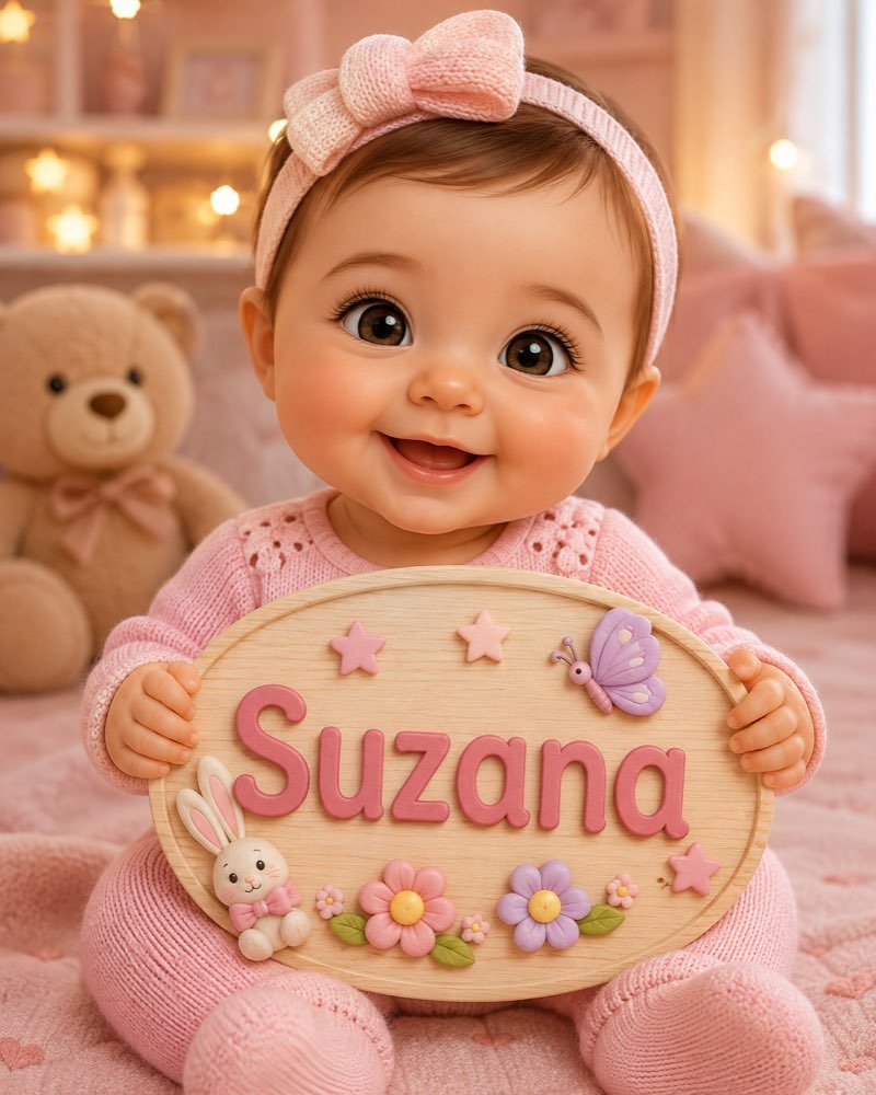 Ilustração de bebê segurando plaquinha com o nome Suzana