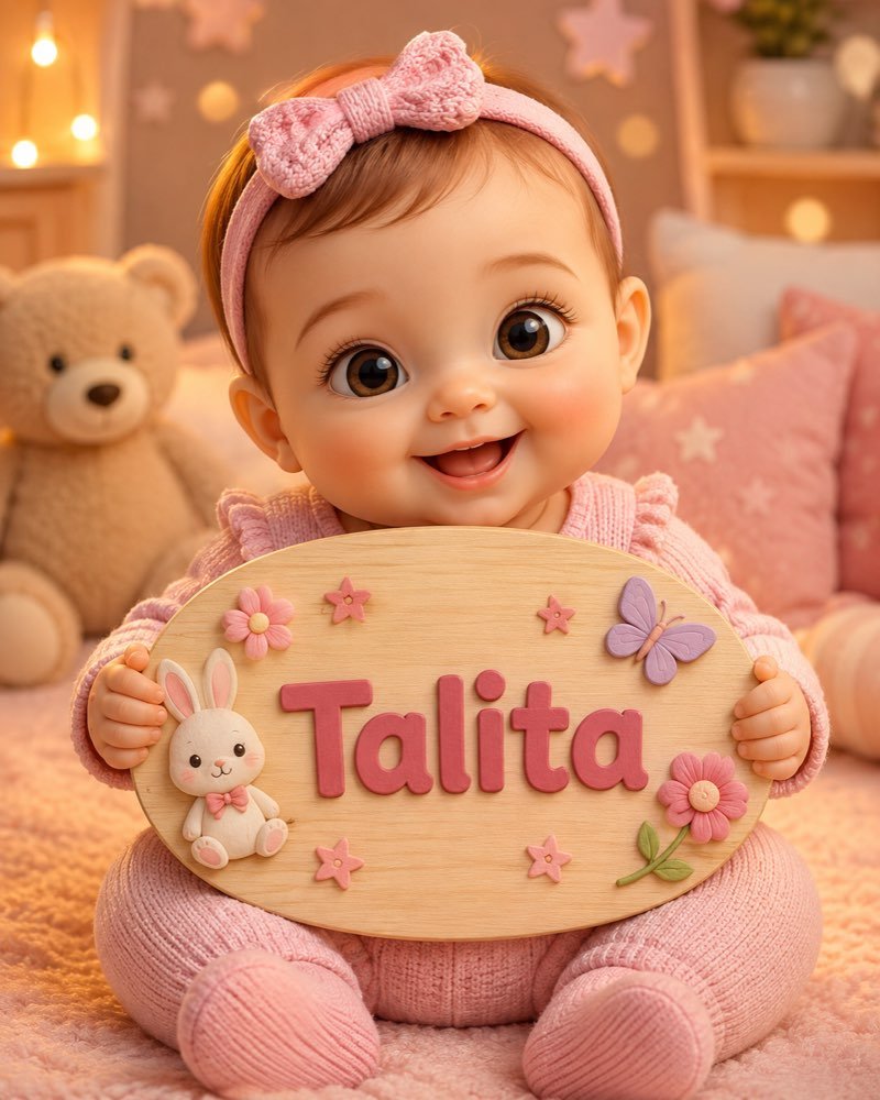 Ilustração de bebê segurando plaquinha com o nome Talita