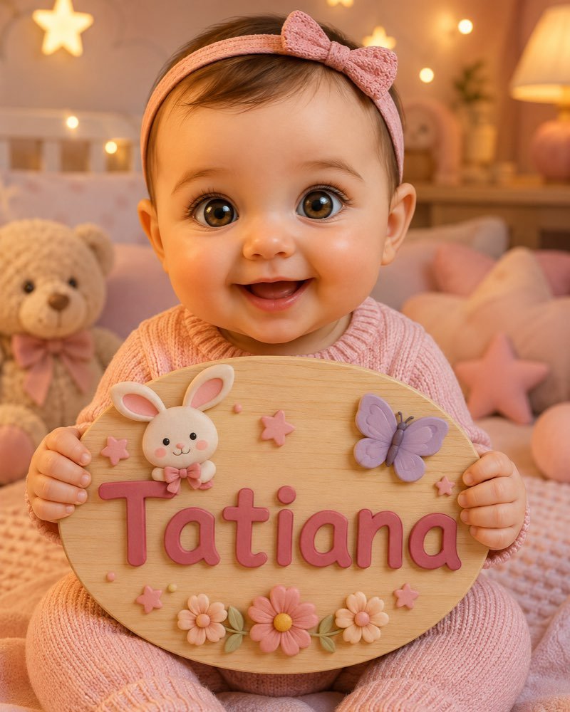 Ilustração de bebê segurando plaquinha com o nome Tatiana