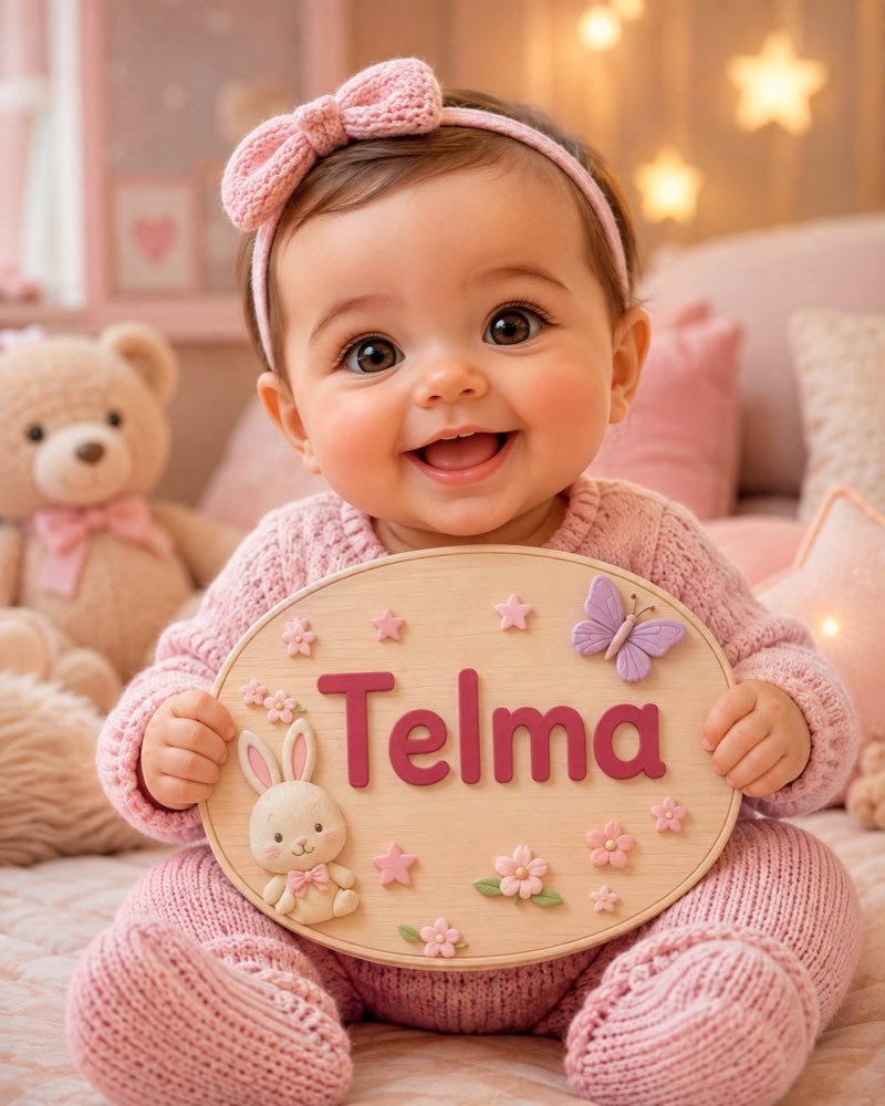 Ilustração de bebê segurando plaquinha com o nome Telma