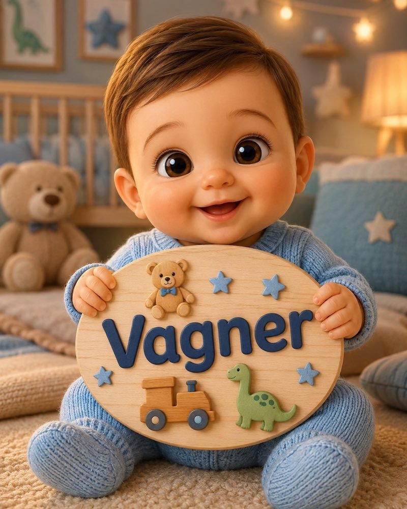 Ilustração de bebê segurando plaquinha com o nome Vagner