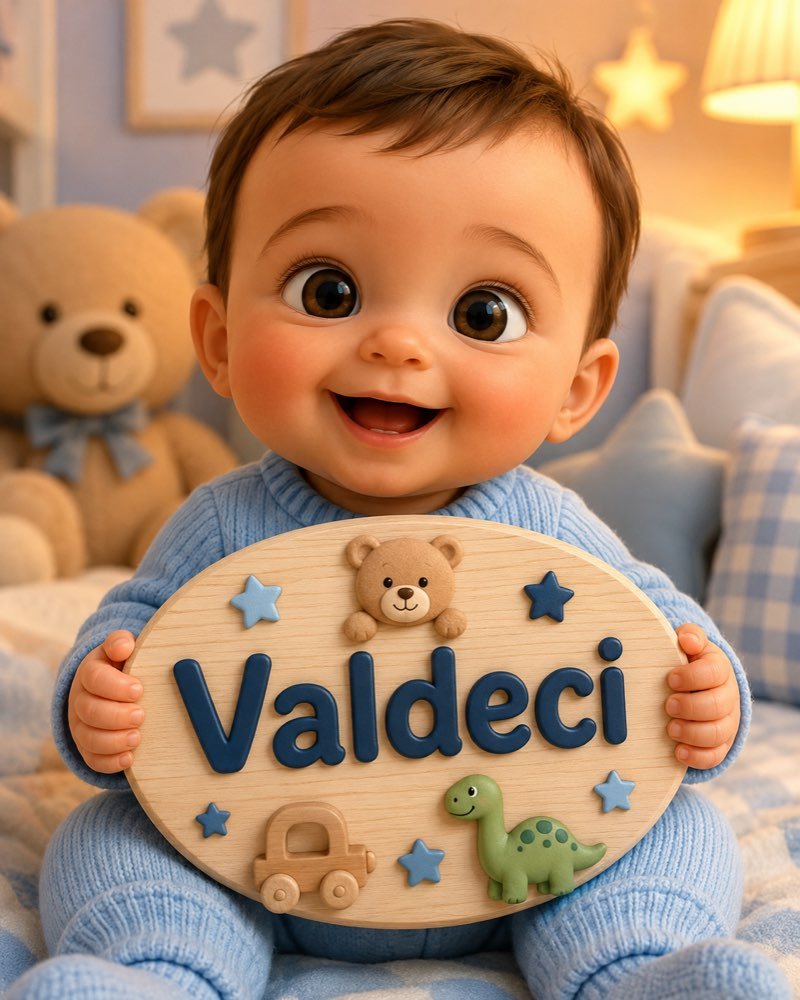 Ilustração de bebê segurando plaquinha com o nome Valdeci