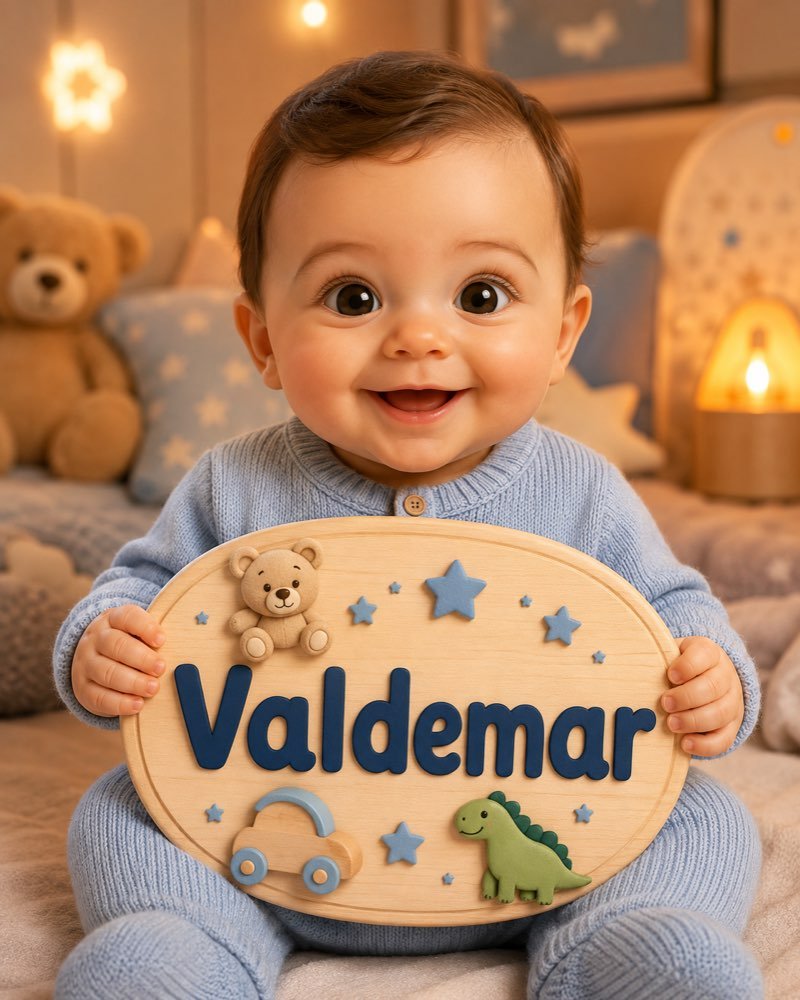 Ilustração de bebê segurando plaquinha com o nome Valdemar