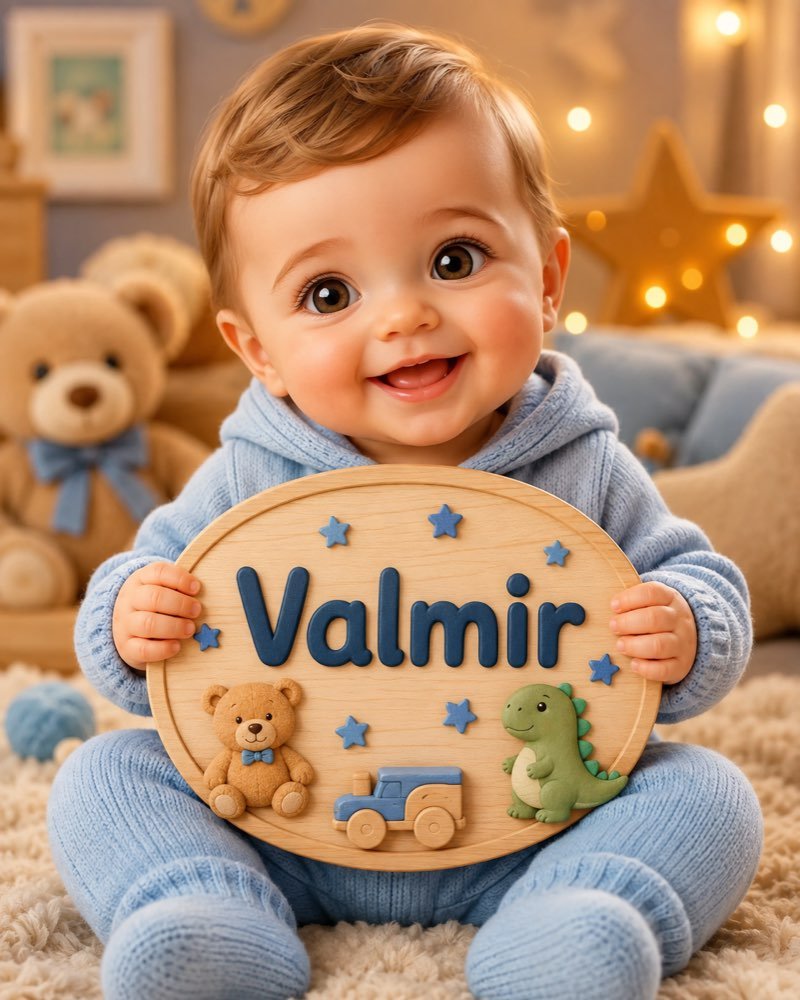 Ilustração de bebê segurando plaquinha com o nome Valmir