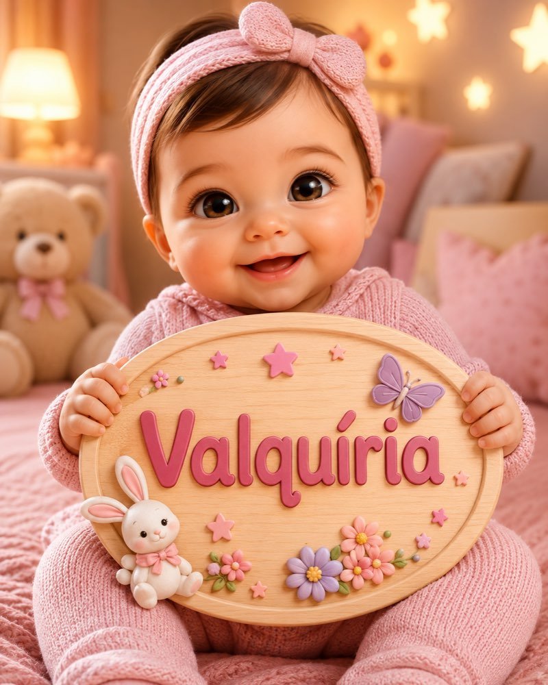 Ilustração de bebê segurando plaquinha com o nome Valquíria