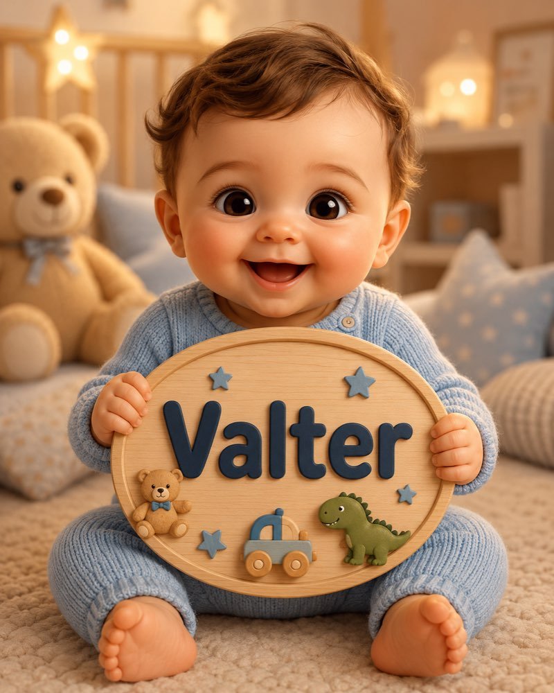 Ilustração de bebê segurando plaquinha com o nome Valter