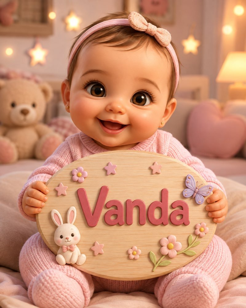 Ilustração de bebê segurando plaquinha com o nome Vanda