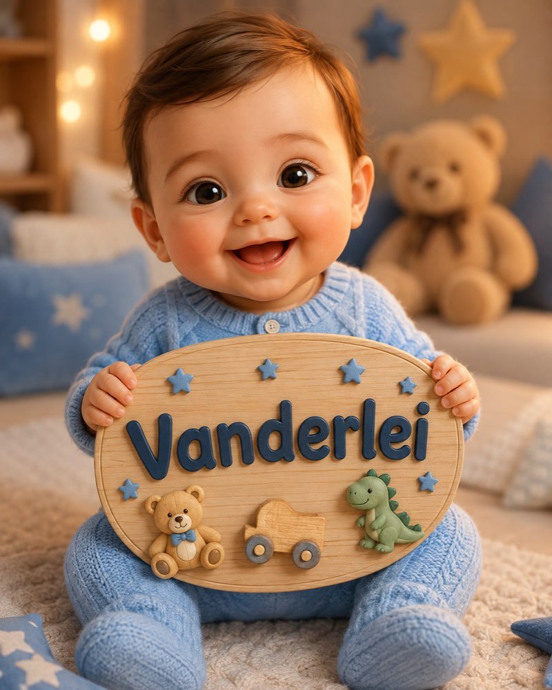 Ilustração de bebê segurando plaquinha com o nome Vanderlei