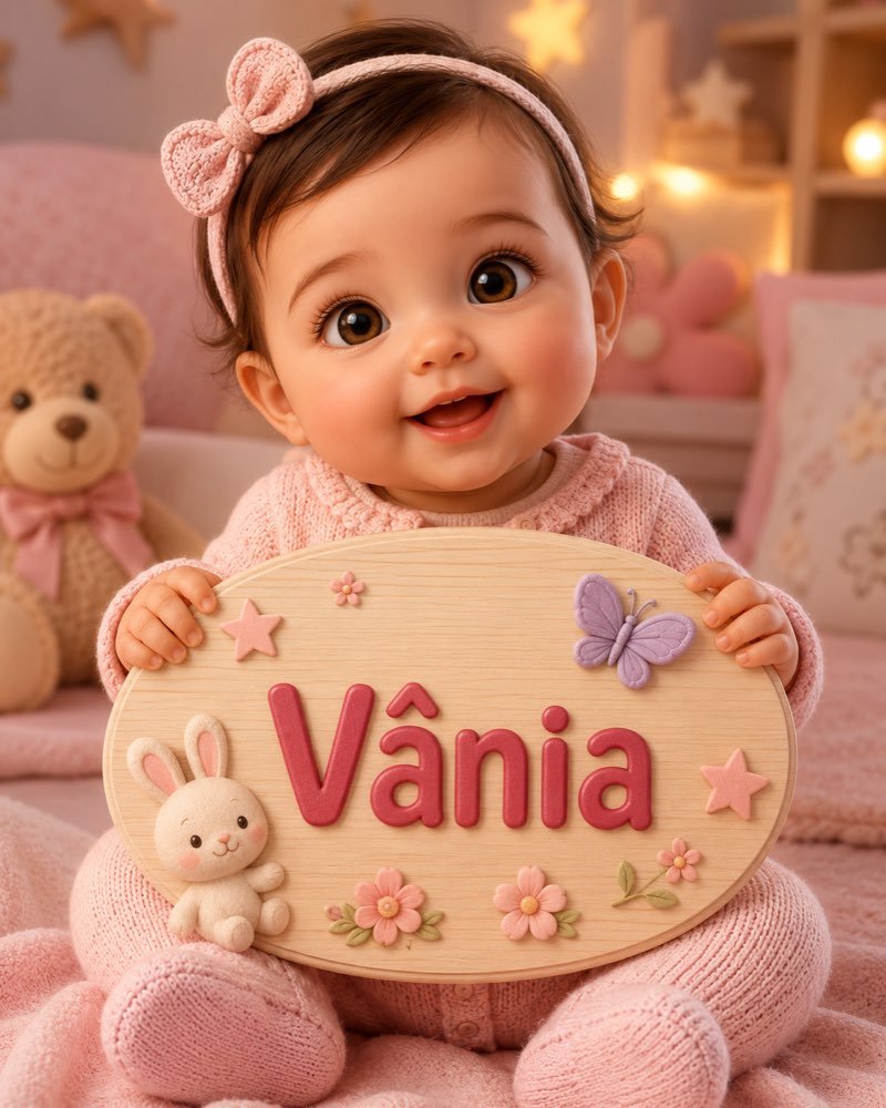 Ilustração de bebê segurando plaquinha com o nome Vânia