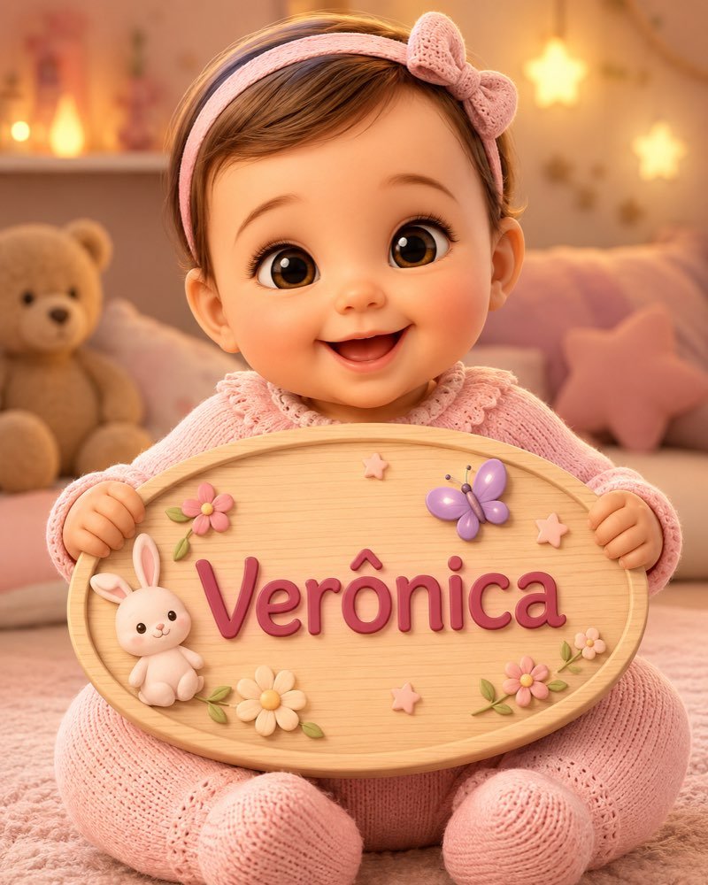 Ilustração de bebê segurando plaquinha com o nome Verônica