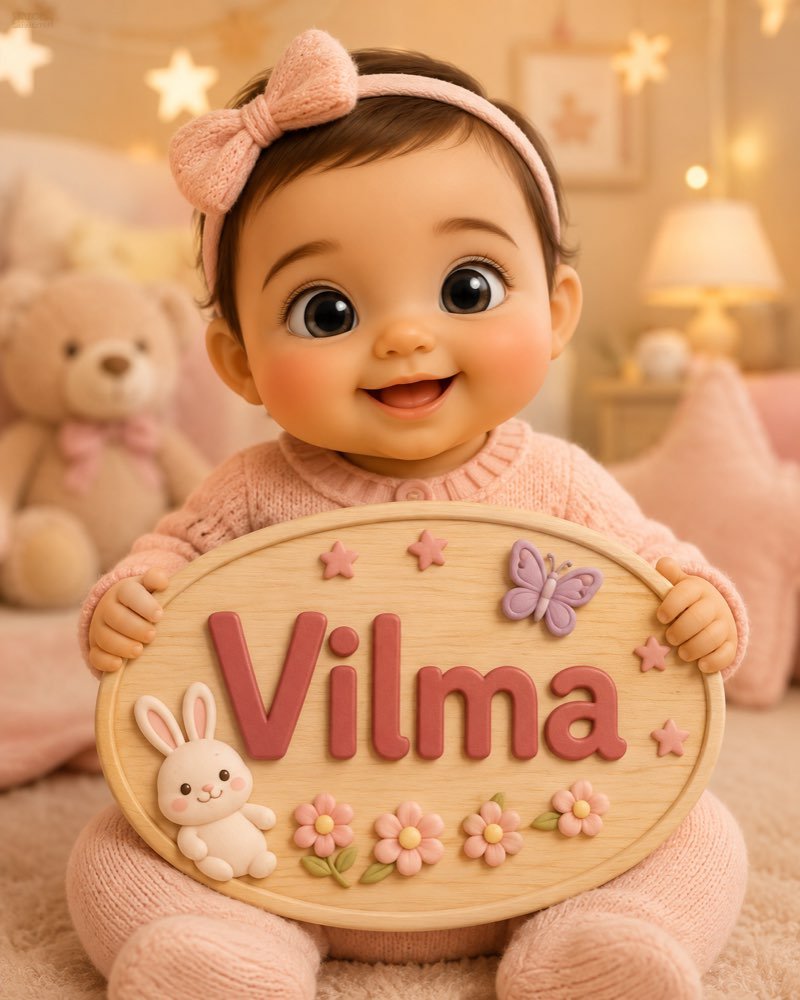 Ilustração de bebê segurando plaquinha com o nome Vilma