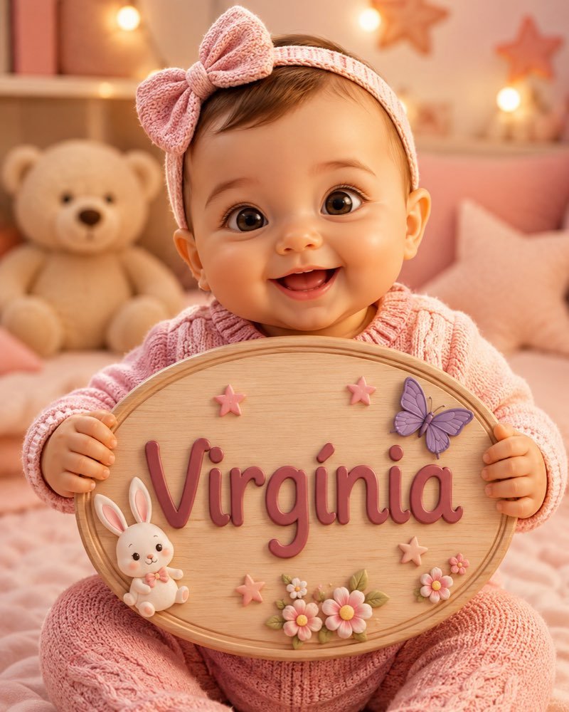 Ilustração de bebê segurando plaquinha com o nome Virgínia