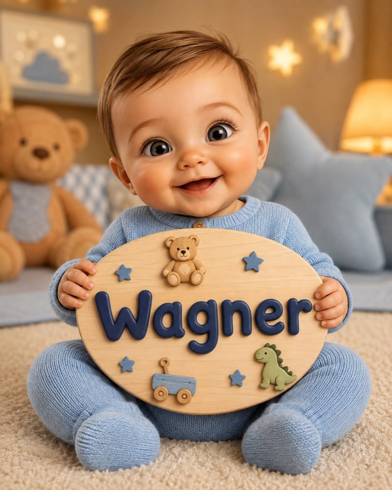 Ilustração de bebê segurando plaquinha com o nome Wagner