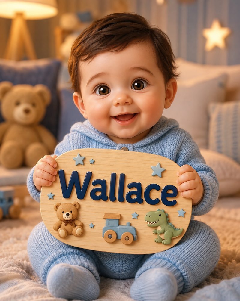 Ilustração de bebê segurando plaquinha com o nome Wallace