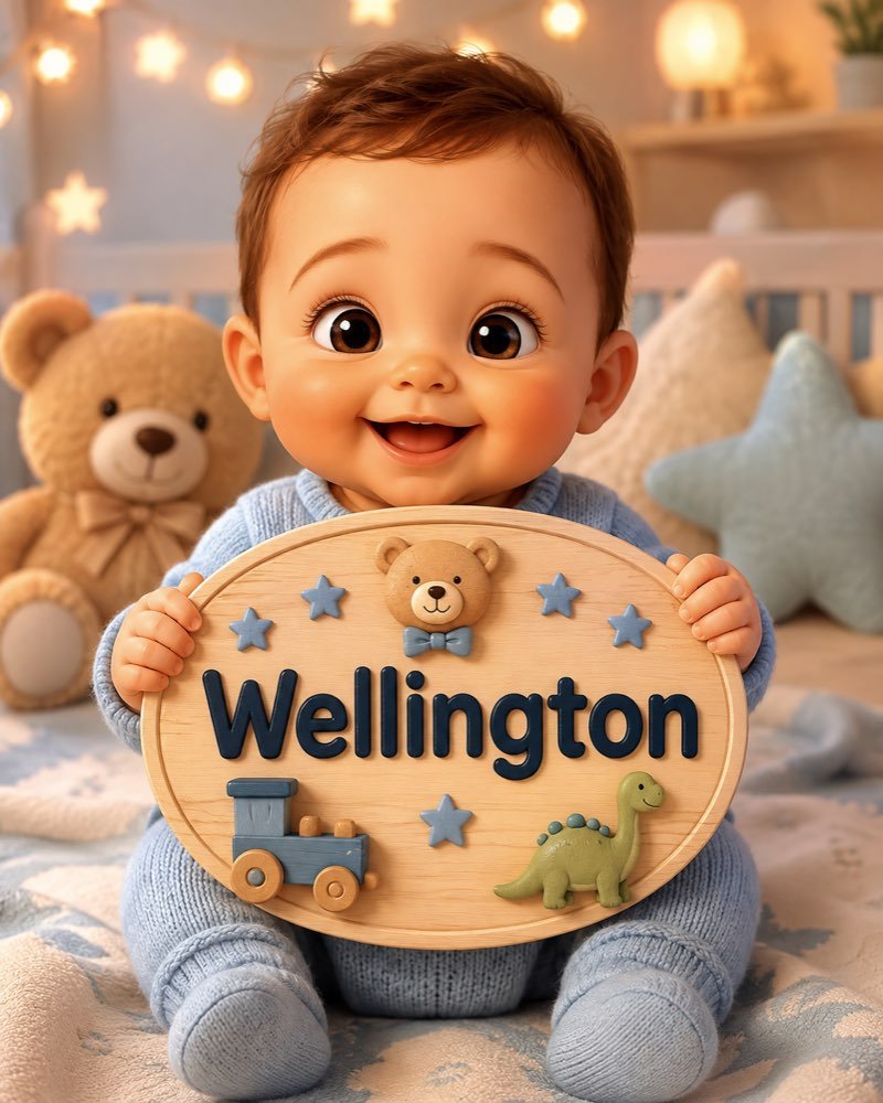 Ilustração de bebê segurando plaquinha com o nome Wellington
