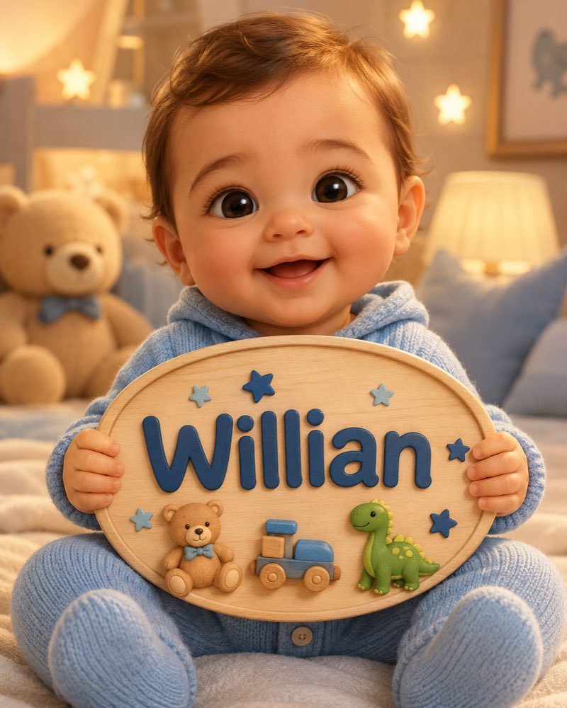Ilustração de bebê segurando plaquinha com o nome Willian