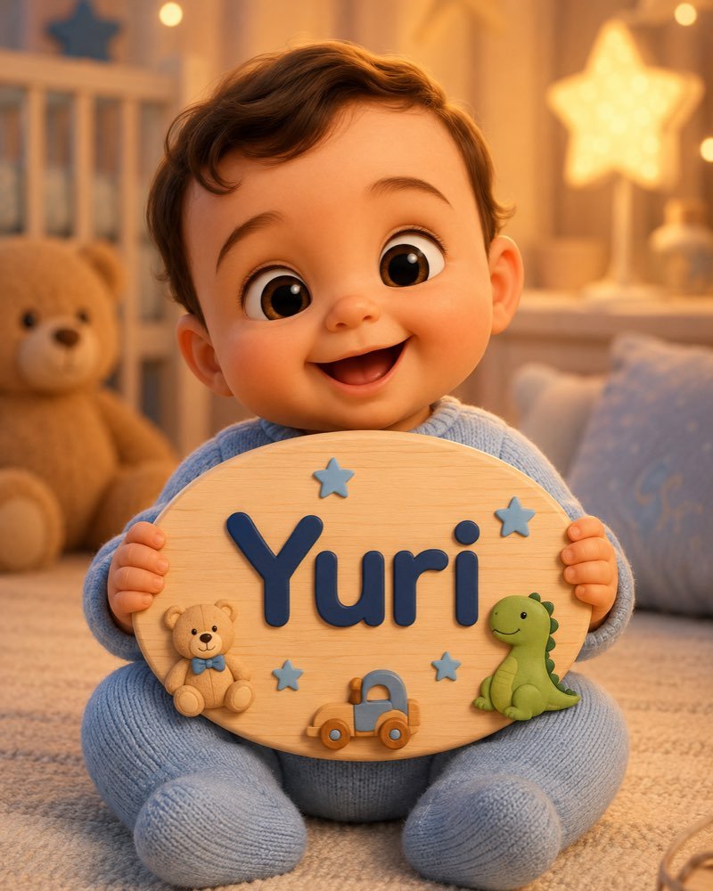 Ilustração de bebê segurando plaquinha com o nome Yuri