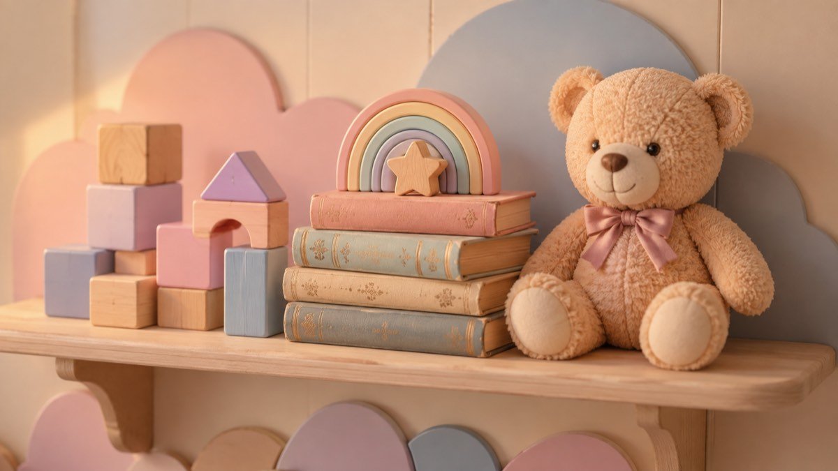 Prateleira com blocos de madeira e livros em quarto de bebê